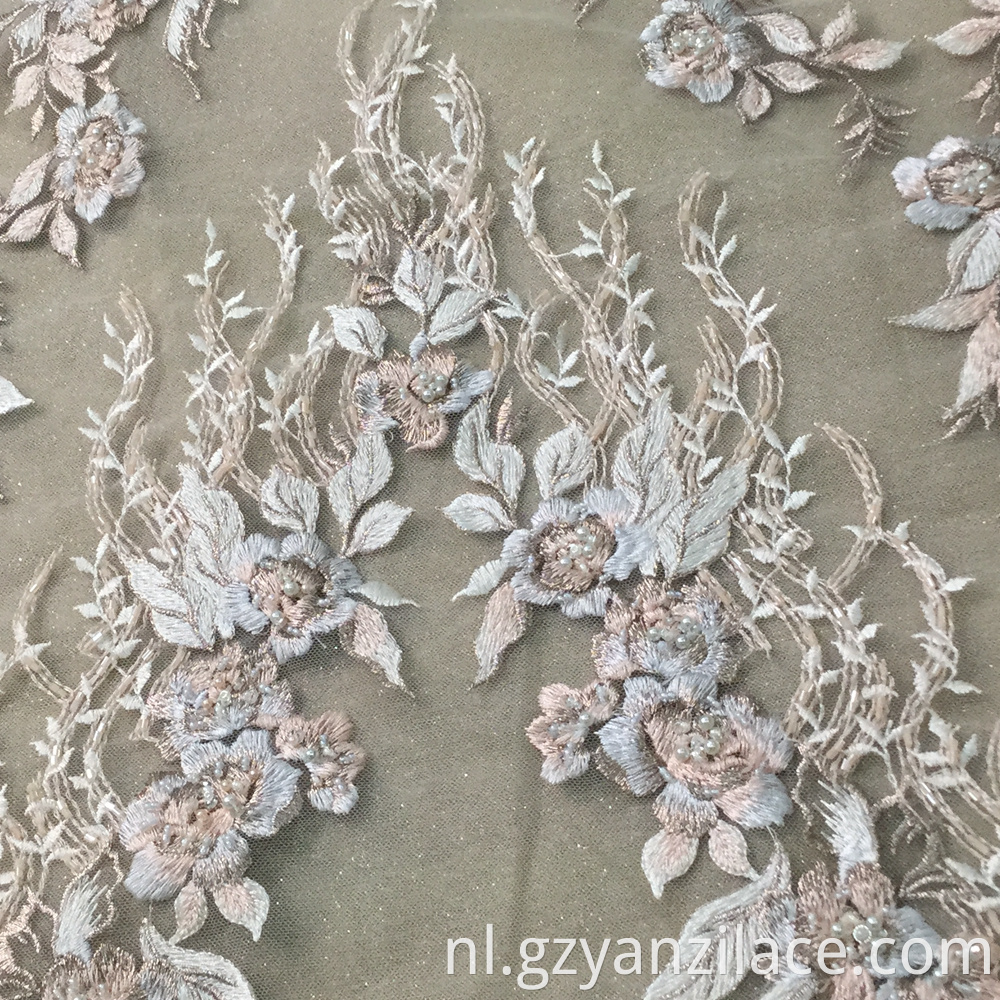 Classical Light Blue Handwork Beaded Embroidery Fabric